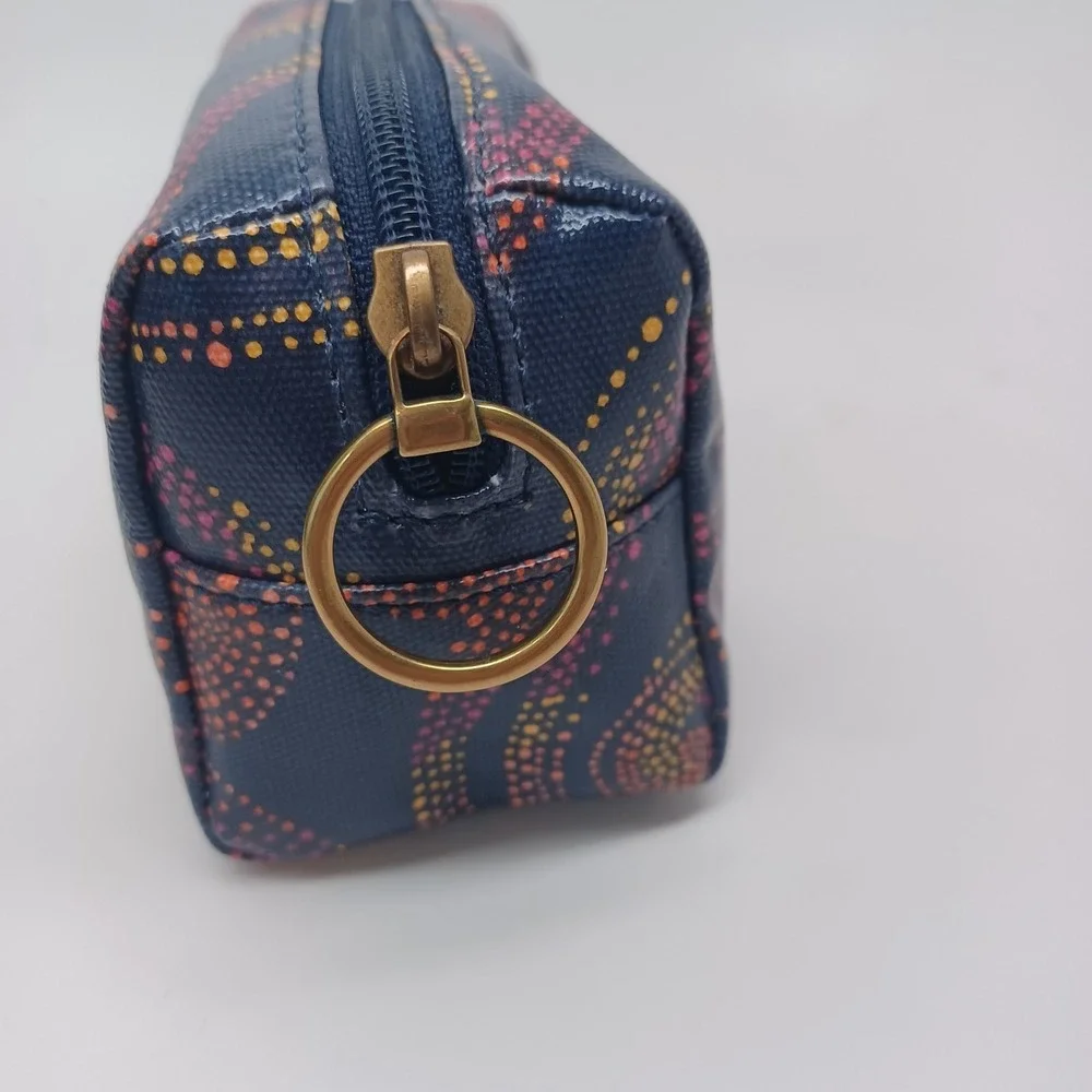 Fossil Blue Dot Swirl Coated Canvas Small Makeup Pouch Coin Bag Brass Ring Pull